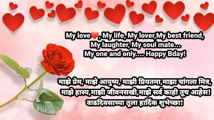 Romantic birthday wishes for wife in marathi with single red rose.