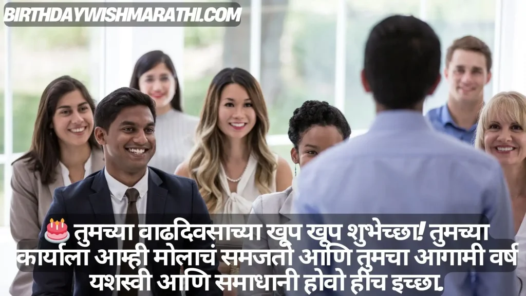 Group of business professionals smiling at a speaker, celebrating a birthday.