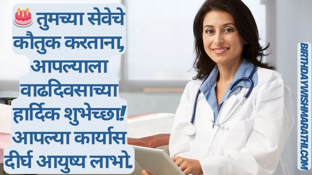 Smiling female doctor in white coat, holding tablet, wishing happy birthday to hospital staff.